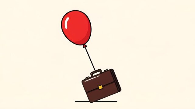 Red balloon lifts briefcase into air: playful levitation animation sequence