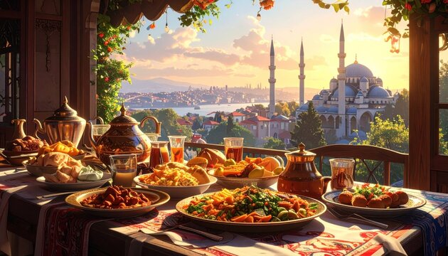Traditional Foods of Turkish People Ramadan Feast Celebrations, Eid al-Fitr Concept &Uuml;sk&uuml;dar Istanbul, Turkiye (Turkey)
