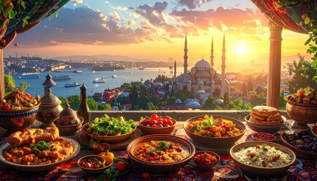 Traditional Foods of Turkish People Ramadan Feast Celebrations, Eid al-Fitr Concept &Uuml;sk&uuml;dar Istanbul, Turkiye (Turkey)