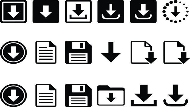 Download and save icon set featuring black silhouette arrows floppy disk folder and document button vector elements