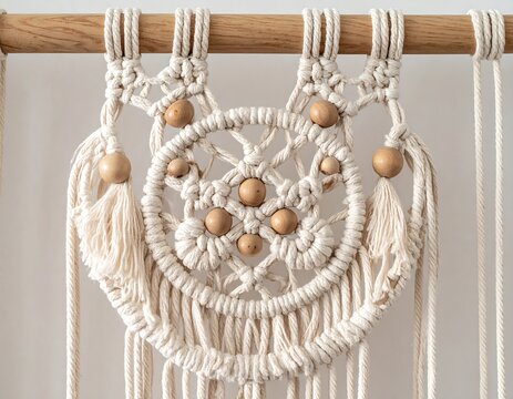 A close-up of a macrame wall hanging with a wooden dowel and white cord