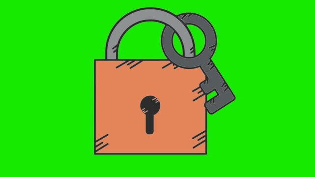 lock with key animation 4K green screen infinite loop, clean green background, easy to cut, ready to edit, ready to use