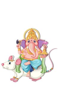 Animated Lord Ganesha Illustration Riding a White Rat on White Background