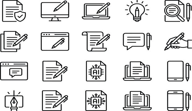 Copywriting and content creation icon set featuring document editing pen laptop and ai article writing symbols vector