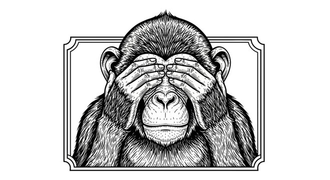 Chimpanzee Covering Eyes in Vintage Frame - See No Evil Monkey Illustration