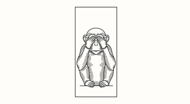 Chimpanzee Covering Eyes, Illustration of Three Wise Monkeys, See No Evil