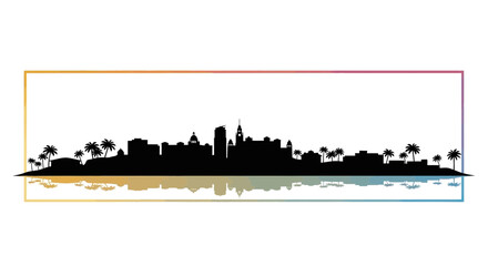 Naklejka premium Cityscape Silhouette with Palm Trees and Rainbow Border Reflection