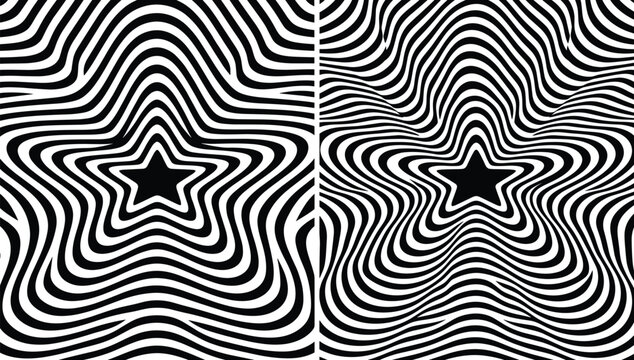 Abstract psychedelic background set with distorted black and white star wavy lines tunnel optical illusion patterns