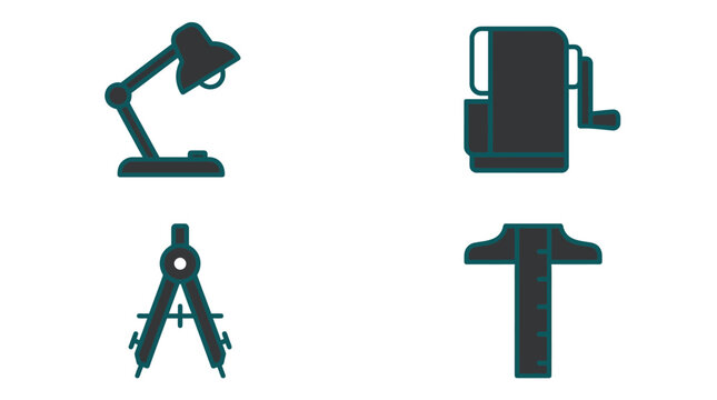 Set Of Dark Grey Flat Icons For Desk Lamp Pencil Sharpener Drafting Compass And T Square Ruler