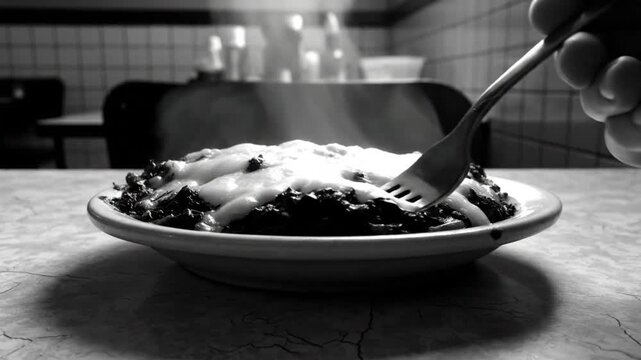 Black and white close up of a steaming baked dish being sampled with a fork in a diner setting