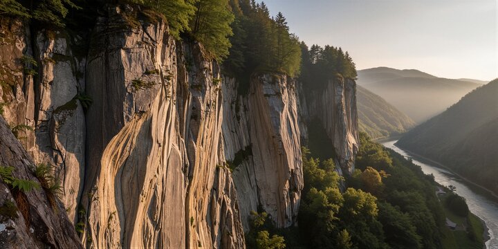 Towering limestone cliffs with vertical striations and lush forests stand sentinel over a winding river valley in this serene landscape, bathed in warm golden-hour light.