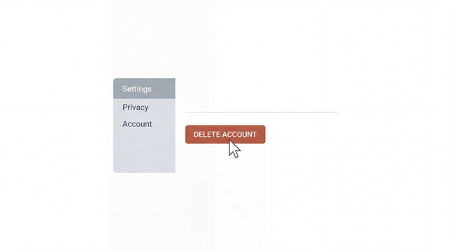 Minimalist vector of a mouse cursor clicking on a red delete account button inside settings panel interface