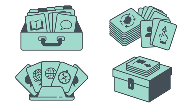 Flat vector icons of educational flashcards and boxes
