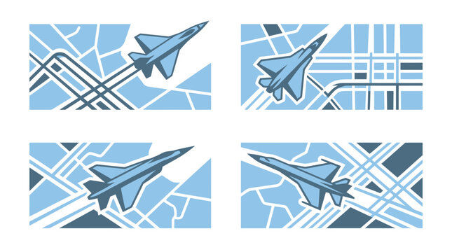 Vector illustration of fighter jets flying over city maps