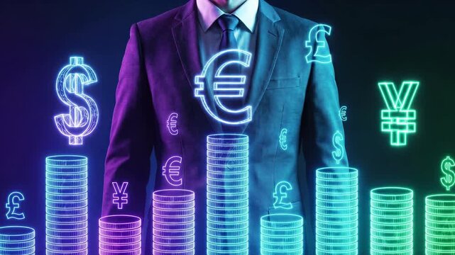 Businessman in suit with neon currency symbols of dollar, euro, pound and yen above stacks of coins. Global finance, money exchange, trade market, investment banking and economy growth.