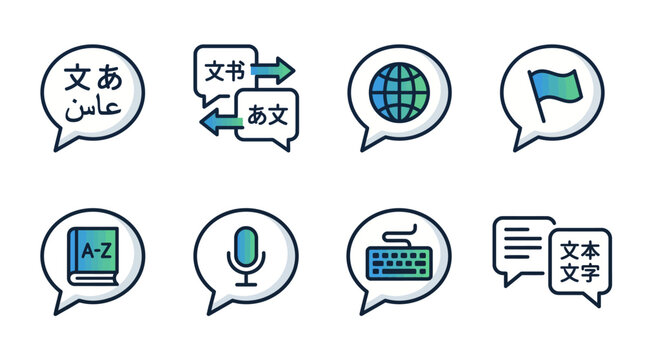 Set of language translation and communication icons.
