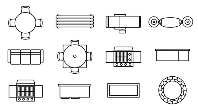 Set of modern furniture icons for architectural floor plans.