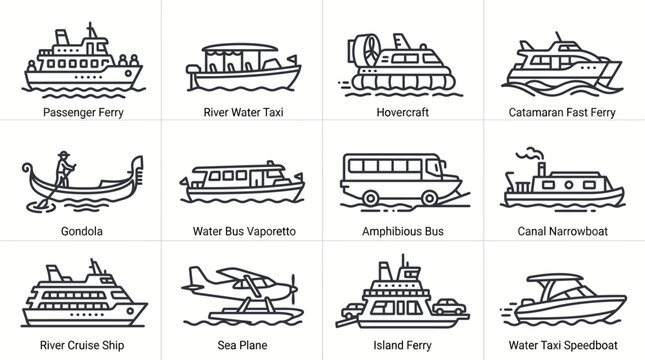 Set of Various Types of Watercraft and Passenger Vessels Icons.
