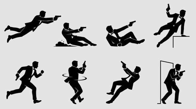 Set of silhouettes of a secret agent holding a gun.