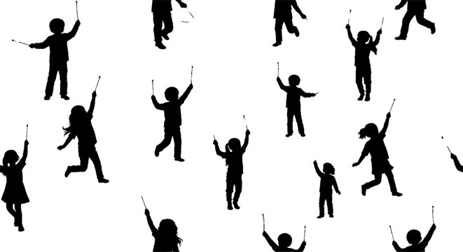 Silhouette figures dancing joyfully with raised arms and wands.