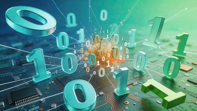 Abstract 3D binary code numbers zero and one exploding over circuit board background representing big data processing, artificial intelligence computing power and digital