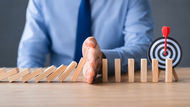 Business risk management and crisis prevention strategy concept shown by professional hand stopping falling dominoes to protect target goal