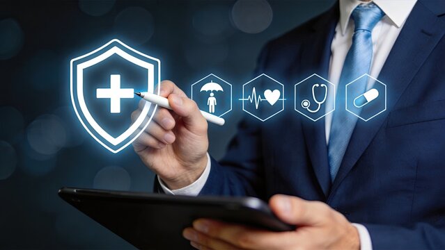 Businessman drawing medical shield icon on tablet with healthcare symbols representing health insurance coverage, patient protection policy and comprehensive wellness program for