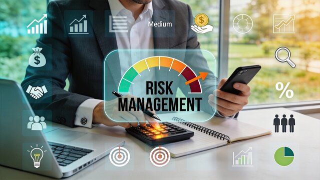 Executive evaluating risk management dashboard with calculator and mobile device, medium risk level indicator, financial planning tools, investment strategy icons, team