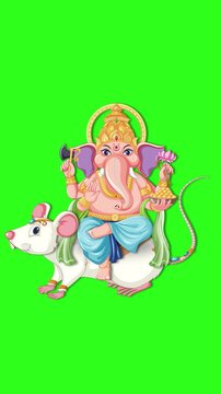 Animated Hindu Deity Ganesha Riding a White Rat on Green Screen