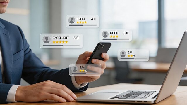 Man in suit checking customer feedback on smartphone with floating star rating bubbles showing excellent good and poor reviews representing online reputation management and