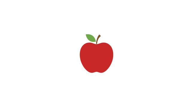 An illustration depicts a ripe red apple with a leaf on a simple background