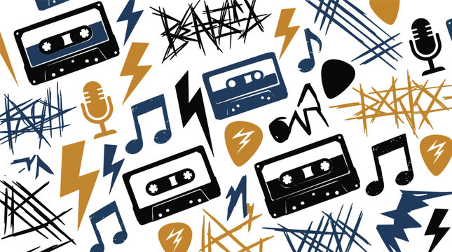 Dynamic seamless pattern with retro audio cassettes, musical notes, lightning bolts, microphones, and grunge elements on a white background.