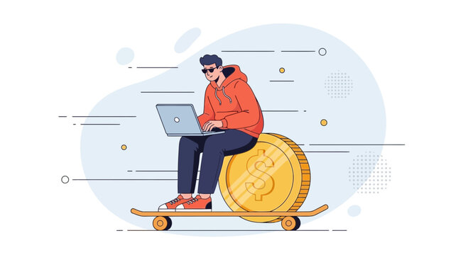 Modern digital finance concept: Young man on skateboard with laptop and giant coin, symbolizing fast-paced online business and investment.