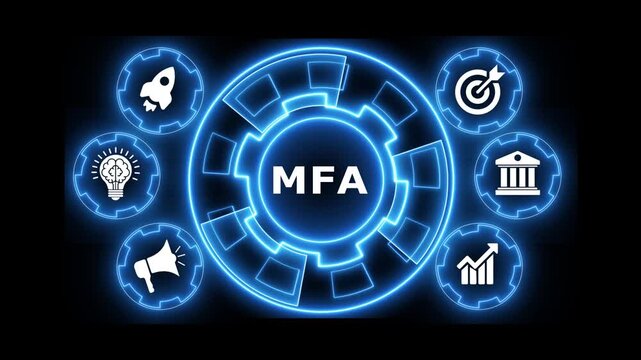 Mfa concept display with rotating digital gear interface on a black background.