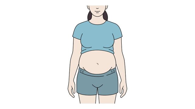Animated illustration of a woman&rsquo;s body transformation, showing belly fat reduction to a slimmer waist. Before-after Concept of weight loss, fitness progress, healthy lifestyle. 4K, white background.