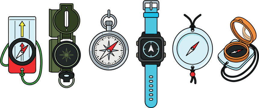 Navigation Compass and Watch Set Featuring Various Types of Compasses Like Orienteering, Military, Pocket, Digital Smartwatch, and Vintage Scouting Dial Tools