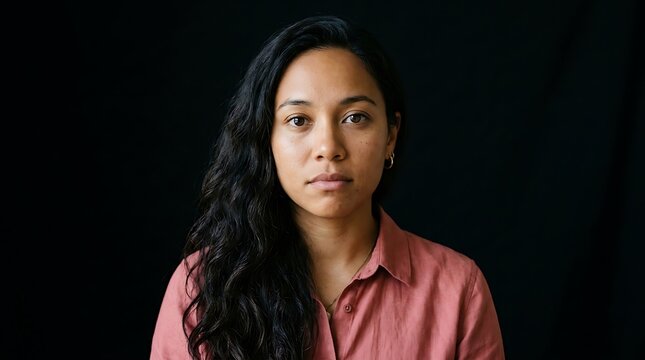 A young woman with dark hair and a serious expression looks directly at the camera against a black background