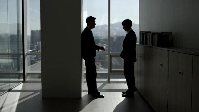 Two businessmen in silhouette, one bowing respectfully to another in a modern office with a city view, symbolizing apology, respect, or a serious corporate discussion.