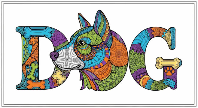 Dog Word Art: Colorful Zentangle Style Letters with Dog Face Illustration