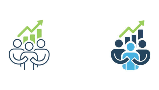 Team members collaborating with rising bar graph icon representing business growth and success in linear and colored vector graphic styles isolated on white background for financial development