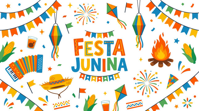 Colorful festa junina celebration with traditional symbols and flags