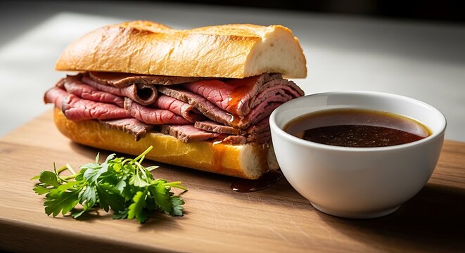 Delicious fresh french dip beef sandwich with a bowl of savory au jus dipping sauce on wood board. french dip sandwich