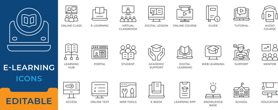 E-learning and online education line icons. vector symbols for virtual classroom, digital course, and learning app editable stroke.