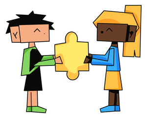 Vector illustration of two cartoon children holding a puzzle piece together