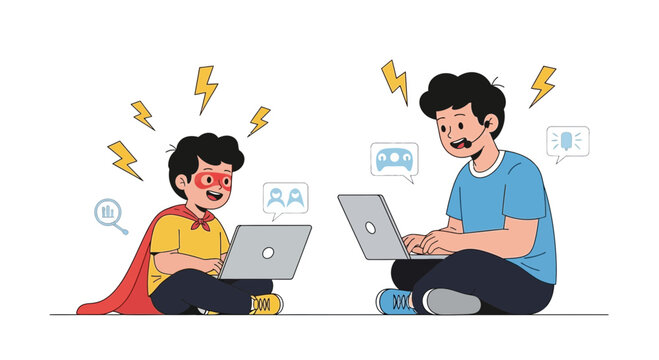 Superhero Kid and Teenager with Laptops, Illustrating Online Learning, Gaming, and Communication