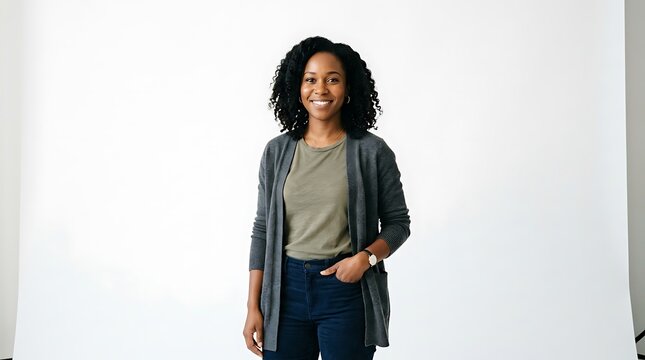 Young Black woman in casual attire, smiling confidently against a clean white backdrop, conveying approachability and professionalism for diverse applications