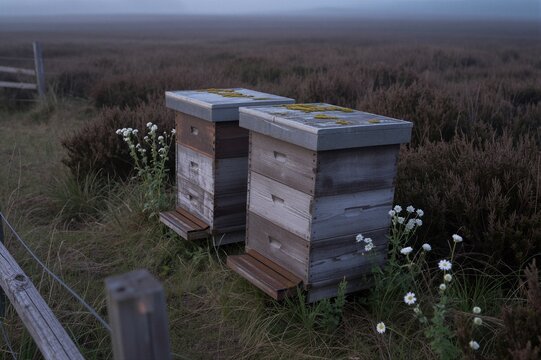 Weathered wooden Langstroth beehives stand on a misty moorland, surrounded by heather and wildflowers.