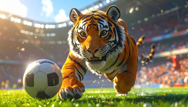 Tiger playing soccer in a stadium.