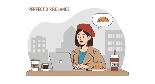 Woman Freelancer Working on Laptop at Cafe with Coffee and Croissants, Parisian Vibe