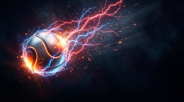 Soccer ball with electric energy trail in deep space